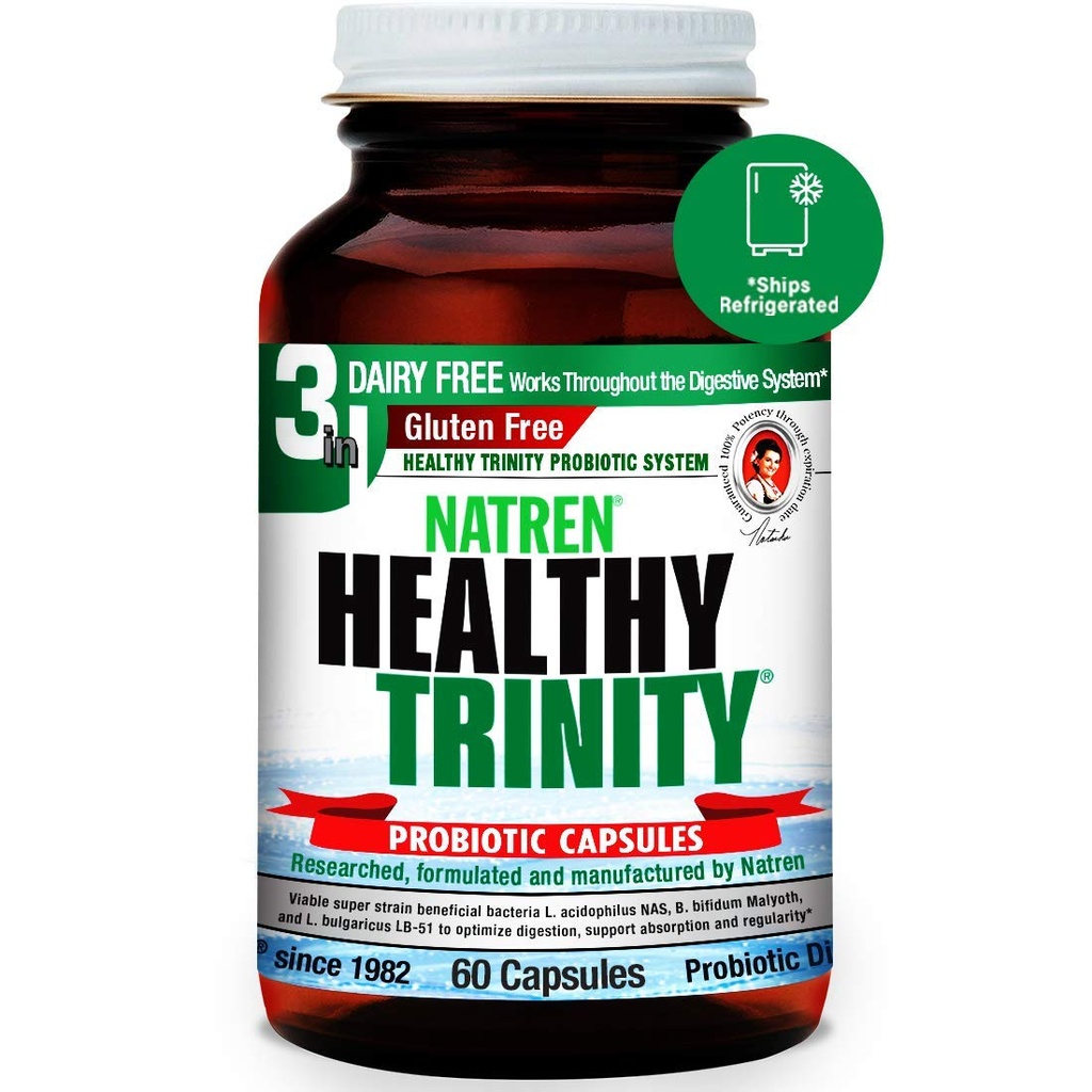 Natren Healthy Trinity Probiotica Supplement - 60 Zuivel- en Glutenvrije Gel Capsules - Verbeter Gut and Digestief Gezondheid, - 30 miljard CFU - Lactobacillus Acidophilus, Bifidobacterium, Bulgaricus