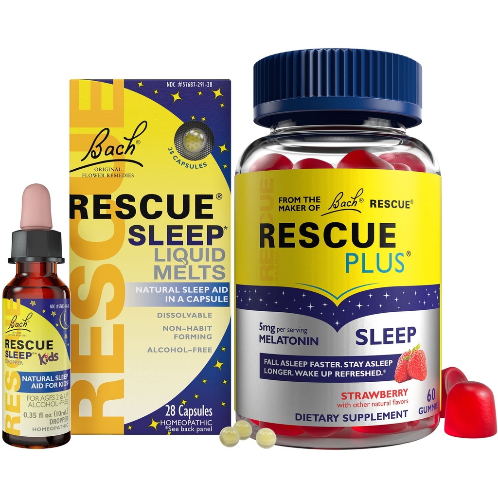 RESCUE Nighttime Sleep Aid Bundle, 3Pk - Bach Sleep Kids Dropper, 10mL Sleep Liquid Melts, 28Ct Plus Sleep Gummies avec 5mg Melatonine/dose, 60Ct