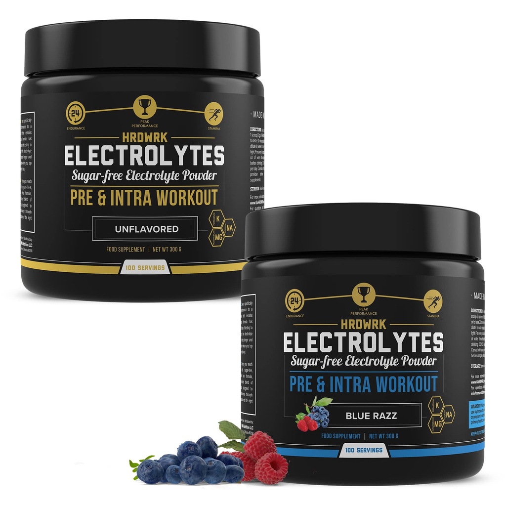 MMA Voeding HRDWRK 100 Servers Keto Elektrolyten Poeder Hydratatie Suikervrij - Elektrolytpoeder om Endurance te verhogen en vermoeidheid met Elektrolyten supplement te verminderen - Ongearomatiseerde & Blue Raspberry Set
