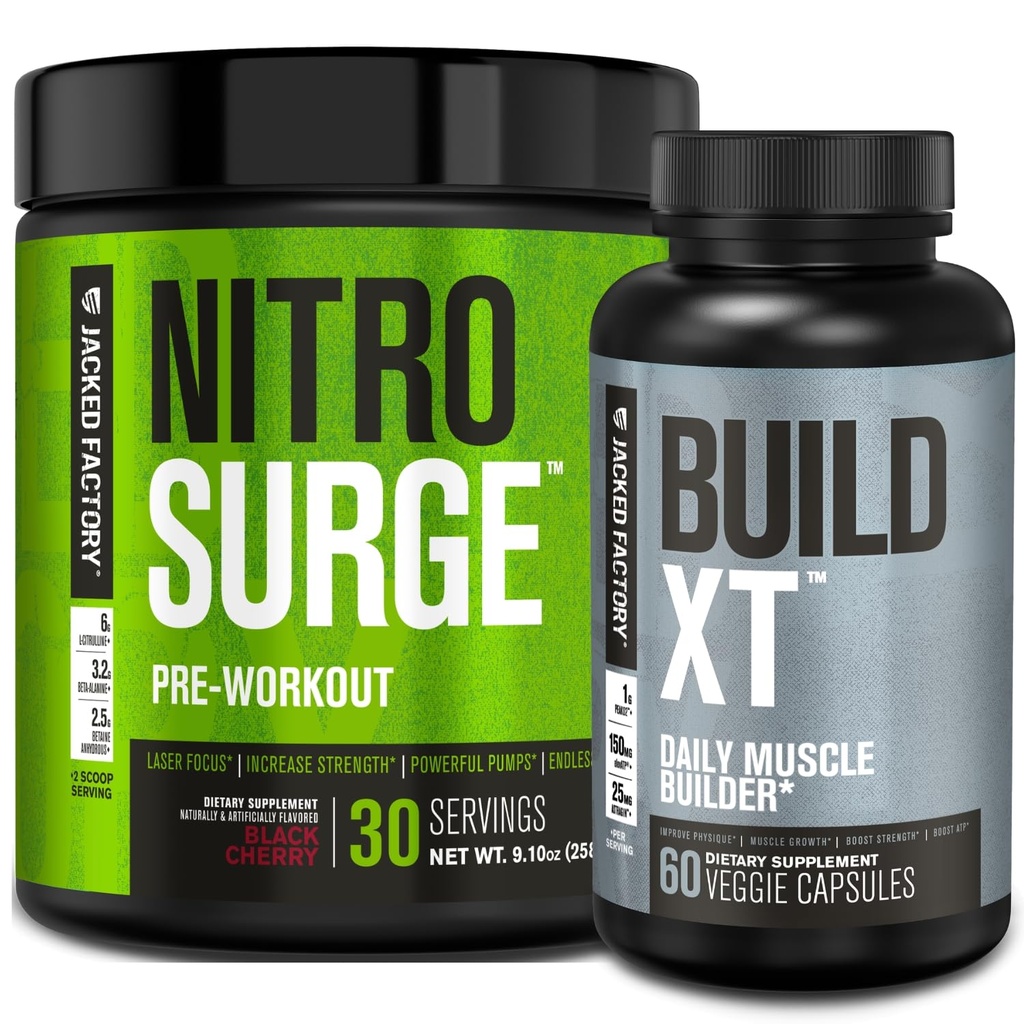 Jacked Factory Nitrosurge Pré-entraînement en cerise noire et construire XT Muscle Building Bundle pour hommes et femmes