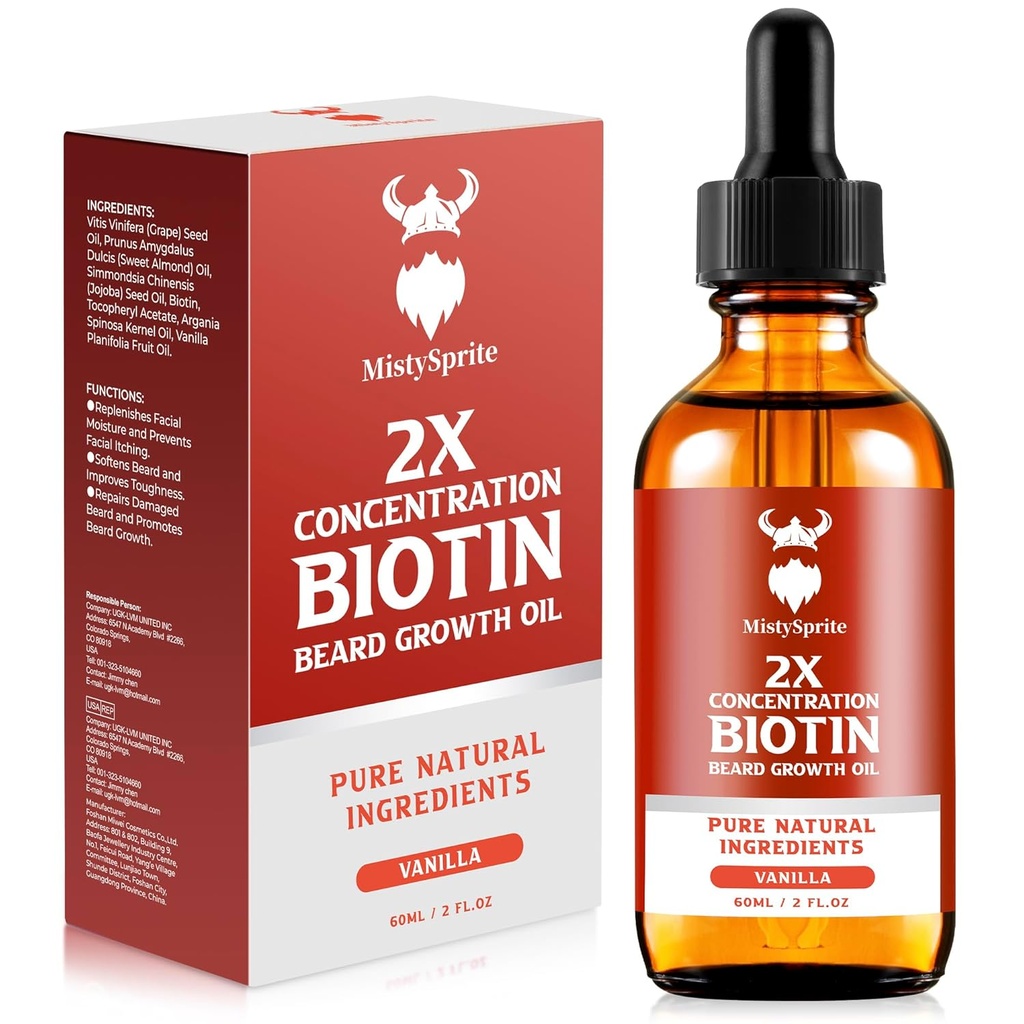 Baardgroeiolie - 2X Concentratie Biotine voor mannen (2 oz) - Natuurlijke met Argan, Jojoba en Vitamine, Groei Softener, Moisturizer (Vanilla)