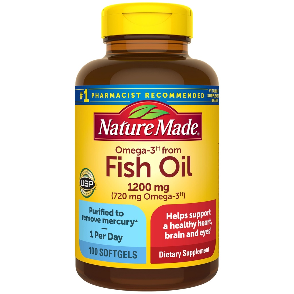 Huile de poisson de nature Oméga 3 Suppléments, Oméga 3 Huile de poisson comme Esters d'éthyle 1200 mg Softgels, Supplément EPA DHA pour le coeur en santé, cerveau, soutien des yeux, un par jour, 100 Softgels