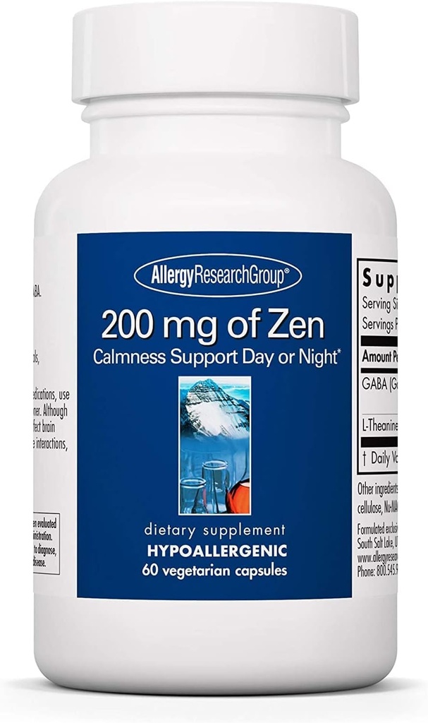 Groupe de recherche sur l'allergie 200 mg de Zen - supplément GABA L-Theanine, calm naturel, sommeil et détente pour les femmes et les hommes, prendre jour ou nuit pour la relaxation et l'énergie calme - 60 capsules végétariennes