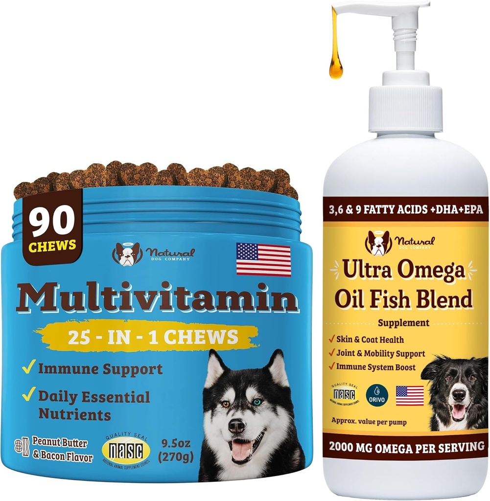 Natural Dog Company Multivitamin Chews and Ultra Omega Oil for Active Dogs - Nutrient-Rich Dog Treats with Omega-3 and Essential Vitamins, Supports Cognitive Health and Overall Vitality for All Breeds