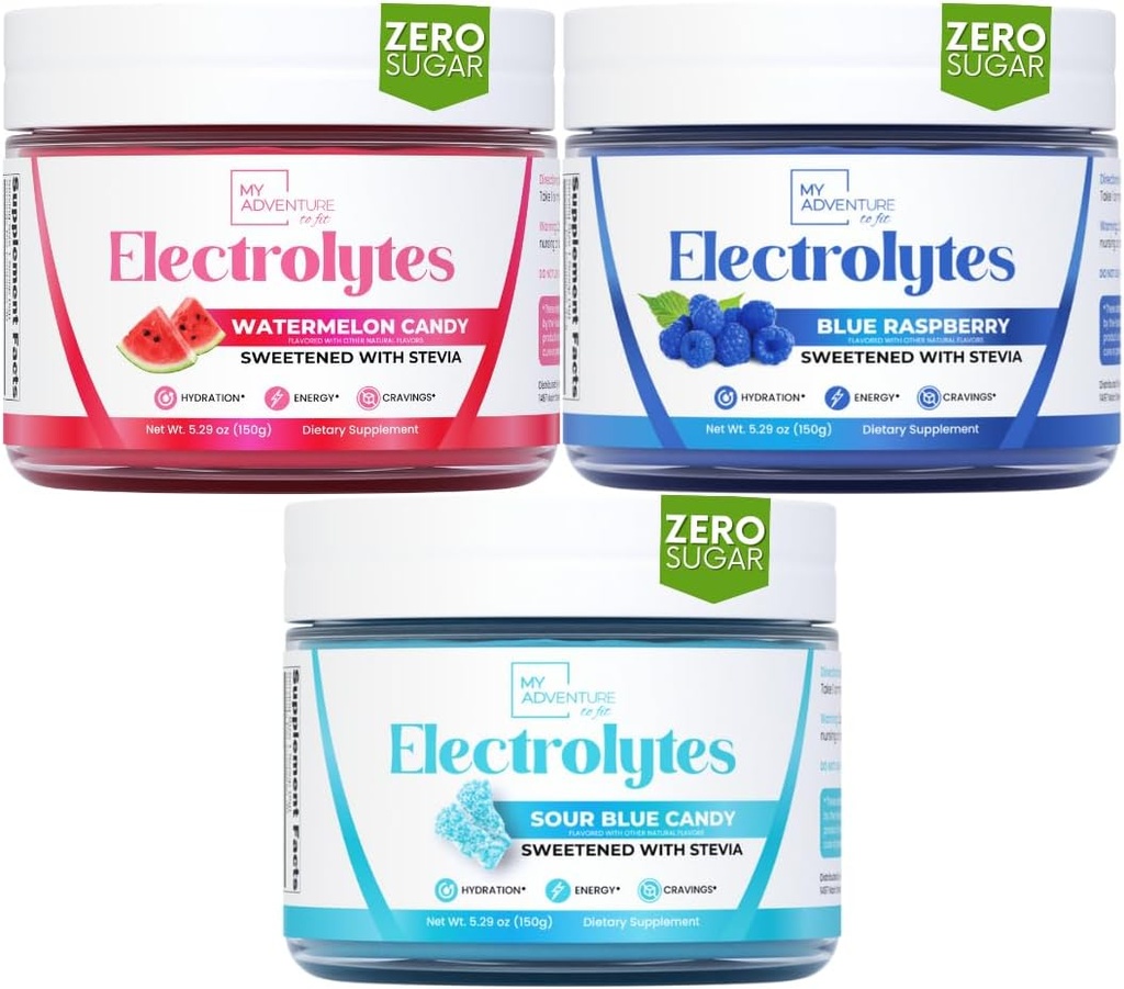 Mon aventure à l'ajustement rafraîchissant électrolytes en poudre avec Zero Sugar, Bundle, Melon Candy & Sour Blue & Blue Raspberry Saveurs