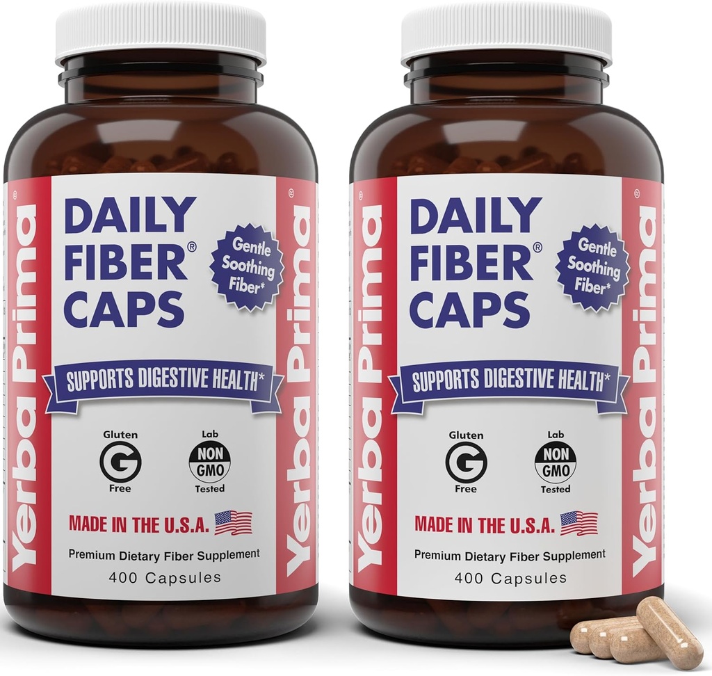 Yerba Prima Daily Fiber Caps Formula 400 Capsules (verpakking van 2) - Beide Oplosbare/Onoplosbaar Vezel met Psyllium Seed Husks, Acacia Gum, Apple Fiber Supplement