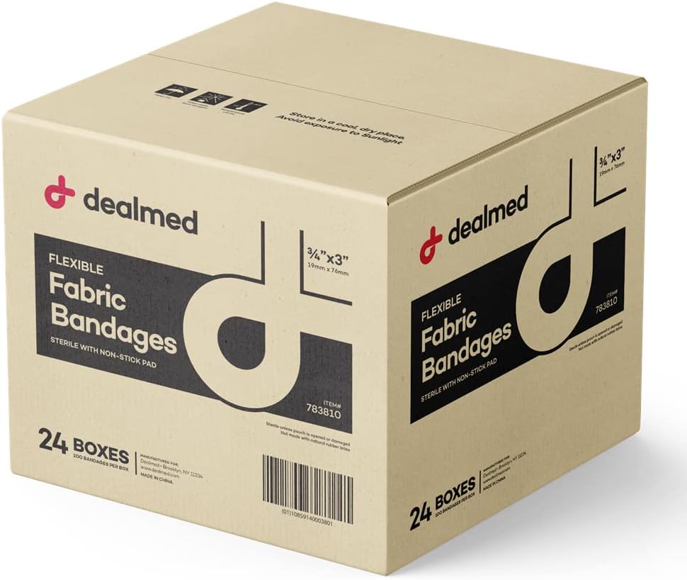 Dealmed Stof Flexibele Kleefbandages 100 Count (24 Pack) Bandages met Non-Stick Pad, Latex Gratis, Wound Care voor Eerste Hulp Kit, 3" x 3/4"