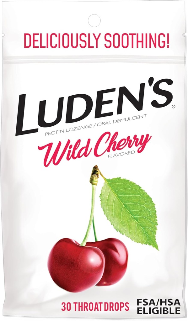Luden's Sore Throat Relief Lozen voor Kleine Dagelijkse Irritatie & Droge Mond, Wild Cherry Flavored Drops, 30 Tellen