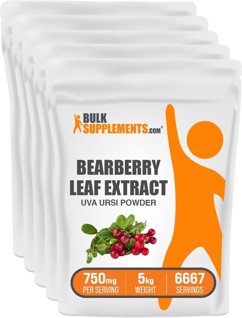 BulkSupplements.com Bearberry Leaf Extract Powder - Uva Ursi Extract, Bearberry Supplement, Bearberry Leaf Powder - Vegan & Gluten Free, 750mg per portie, 5kg (11 lbs) (Pack of 5)