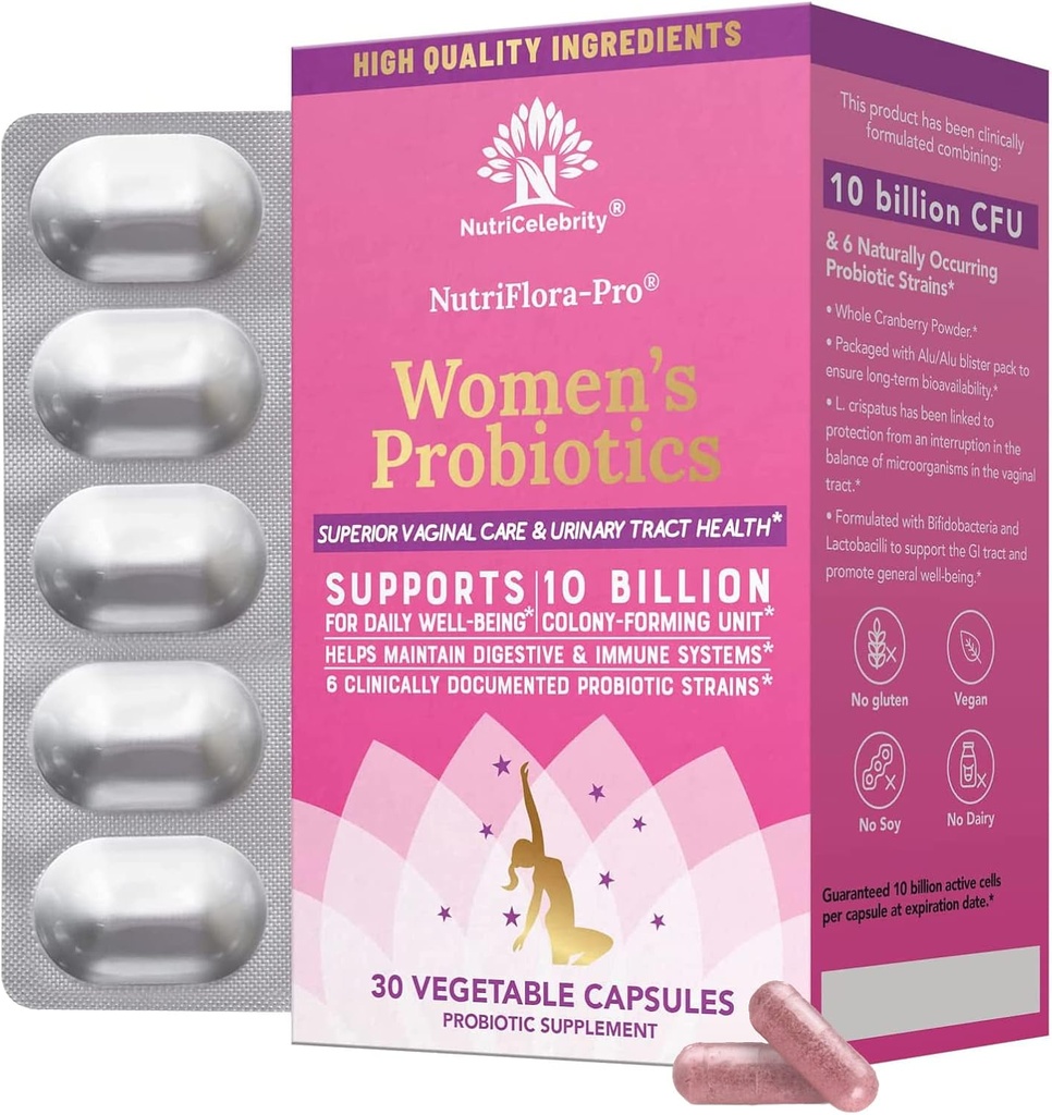 NutriCelebrity NutriFlora-Pro Probiotica voor vrouwen - Ondersteuning Vaginale, Urinaire Gezondheid (UTI), Digestief Systeem, Periode Pijn, Gist, en BV Relief, Cranberry Pillen, 10 miljard CFU 6 Strains (30 Caps)