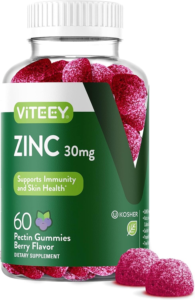 Viteey Zink Gummies for Women and Men - Immune Support Supplement - 30mg - Vegan, Gelatine Free, Non GMO - 60 Tel.