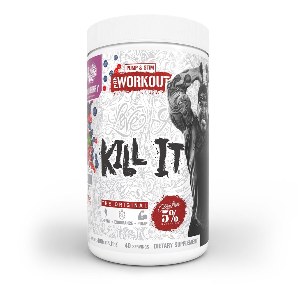 5% Nutrition Rich Piana Kill It Pre Workout Powder w/Creatine, Caffeine, Beta Alanine, Hydroprime Glycerol for Pump, Strength, Endurance | 14.11 oz, 40 Srvgs (Wildberry)