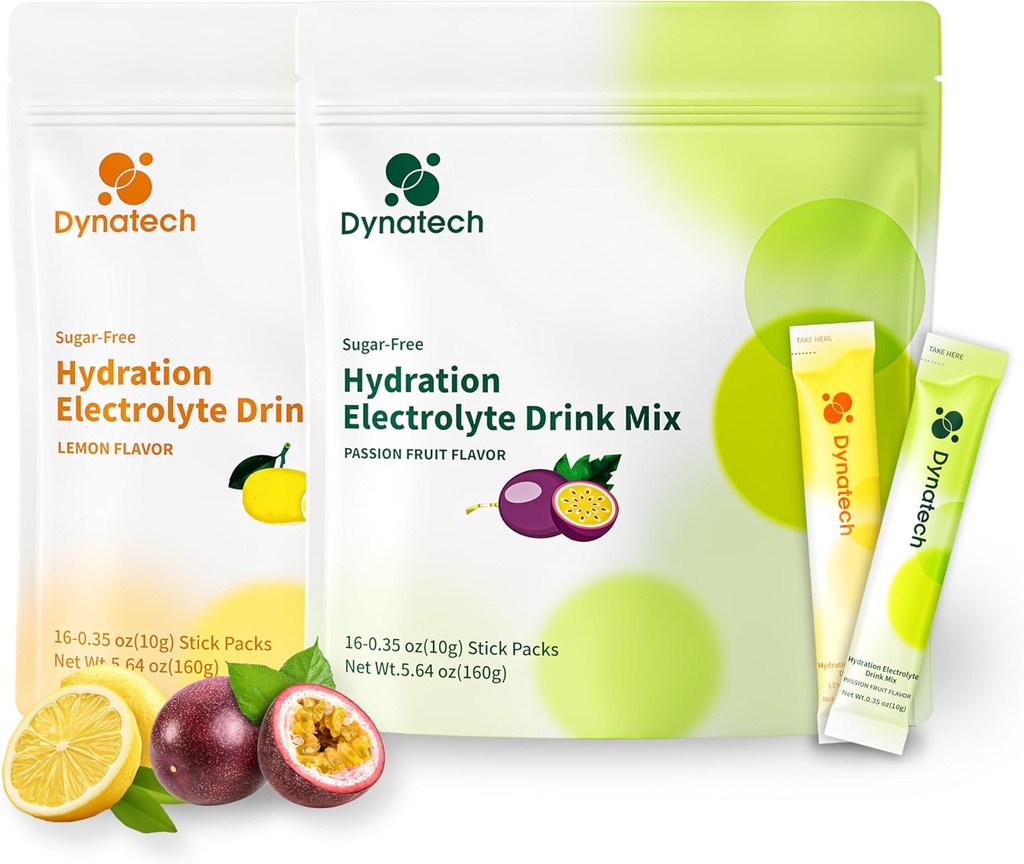 Dynatech Zero Sugar Electrolyte Drink Mix - Lemon, Passion Fruit - Hydration Powder Packets with 10 Electrolytes & Vitamins 