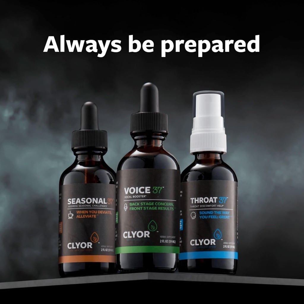 CLYOR Voice37 Singers Voice Remedy, Throat37 Sore Throat Remedy, Seasonal37 Cold Remedy, All Natural Vocal Booster, Sore Throat Remedy, Cold Remedy. Bundel van alle 3 flessen