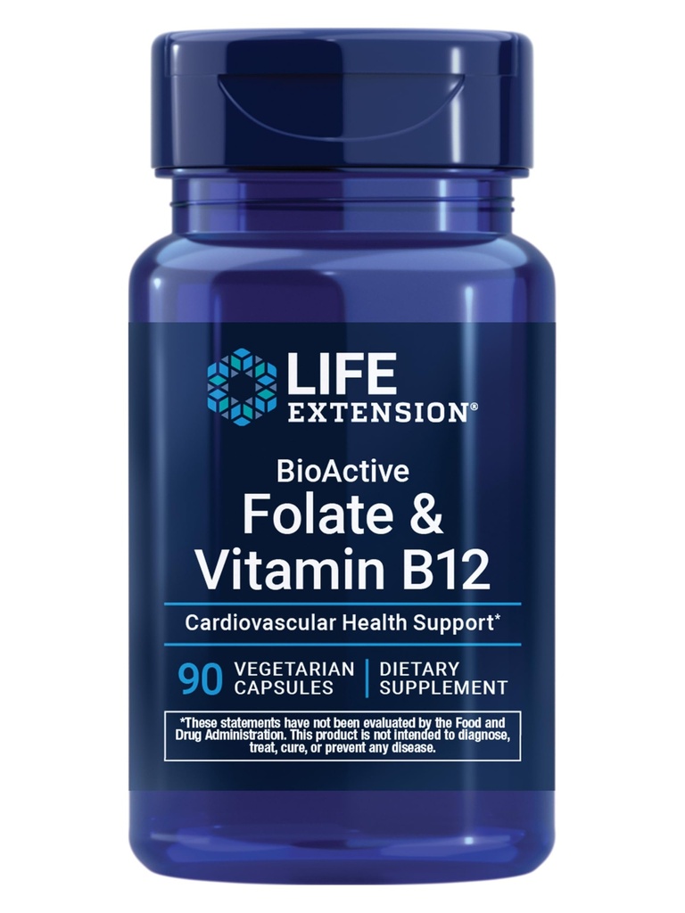 Life Extension BioActive Folate & Vitamin B12, bevordert hart, hersenen en GI Tract Health, Non-GMO, Glutenvrij, Vegetarisch, 90 capsules