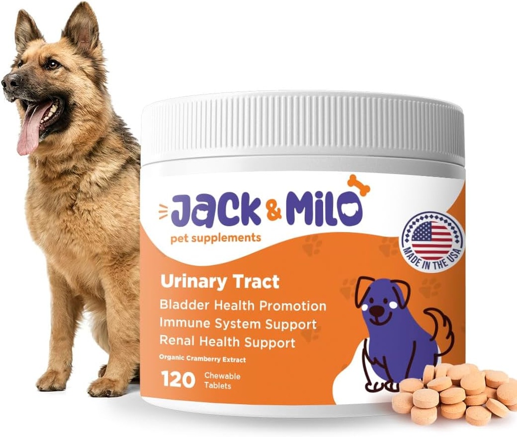Jack & Milo - Supplement voor honden, hond UTI Incontinentie, nier- en blaascontrole - Cranberry & Antioxidants, Organic - Bladder Control for Dogs, USA Made-Non GMO - 120 Tablets
