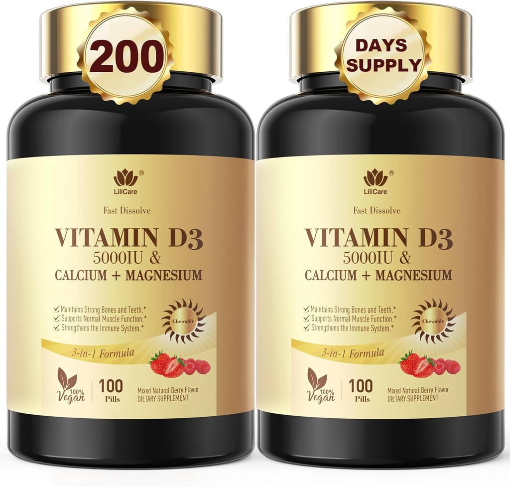 Fast Dissolve Vitamin D3 5000IU with Calcium & Magnesium - for Quick Nutrient Absorption-Sugar Free Chewable Supplement for Bones Strength, Teeth, Muscle, Immune Health,200 Fast Melt Tablets