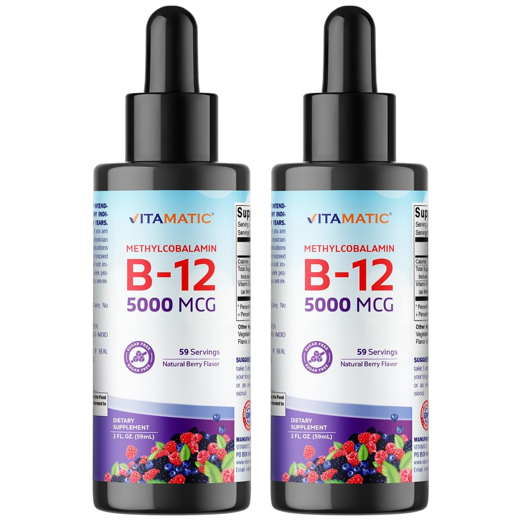 Vitamatic 2 Packs Fast Acting Liquid Vitamin B12 5000 mcg (Methylcobalamine) - Natural Berry Flavor - Sublingual Supplement - Snellere absorptie - 2 OZ