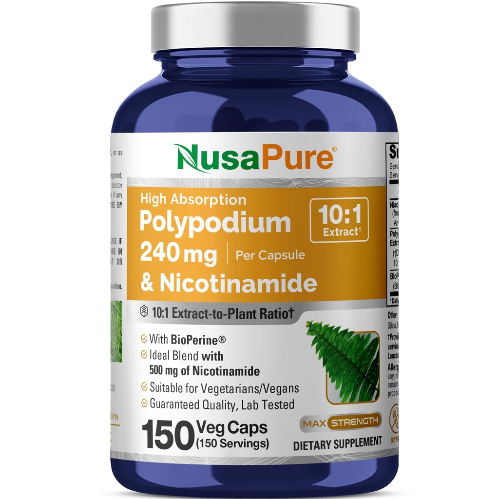 NusaPure Polypodium Nicotinamide 10:1 Extract, 240 mg Equivalent aan 2.400 mg per Veg Caps - 150 Tellen (Non-GMO, Soyfree, Bioperine)