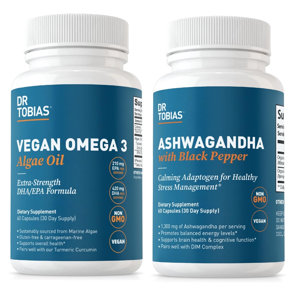 Dr Tobias Vegan Omega 3 Huile d'algue et Capsules d'Ashwagandha, soutient la résilience, la santé immunitaire et le bien-être général, non OGM, végétalien