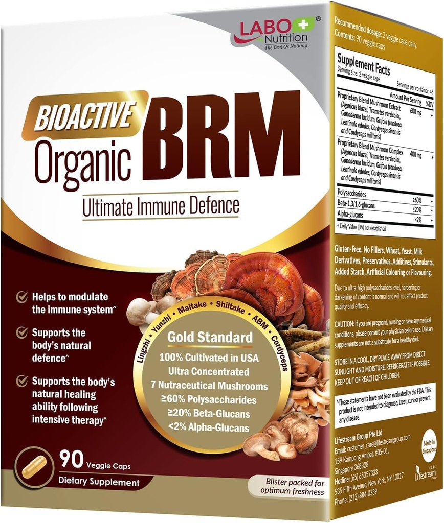 LABO Nutrition Bioactive Organic BRM - Advanced Immune Support & Maintain Natural Killer Cell Activity; 6 Therapeutische champignons Lingzhi, Yunzhi, Maitake, Shiitake, Agaricus Blazei Murill & Cordyceps