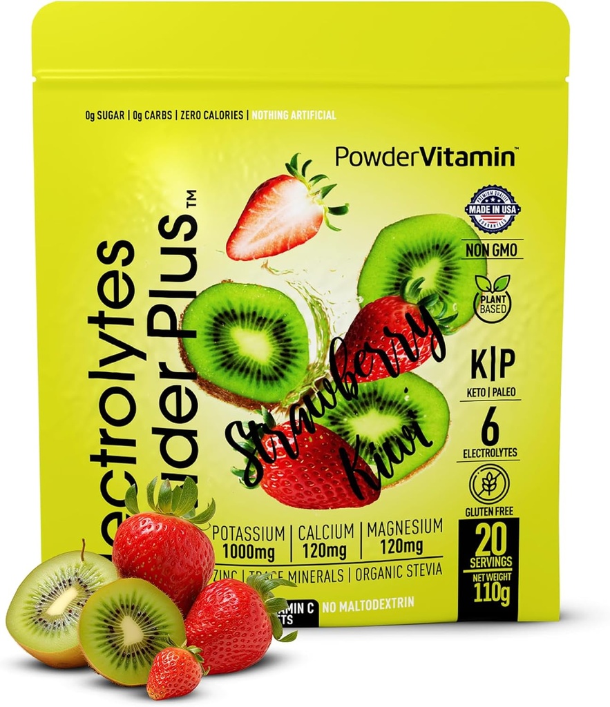 PoederVitamine Elektrolyten Poeder Plus (20 porties) Aardbei Kiwi Electrolyte Poeder Zero Calorie Keto,0 Suiker,Geen Maltodextrine,1000mg Kalium,120mg Calcium,120mg Magnesium, Roze Himalaya Zout