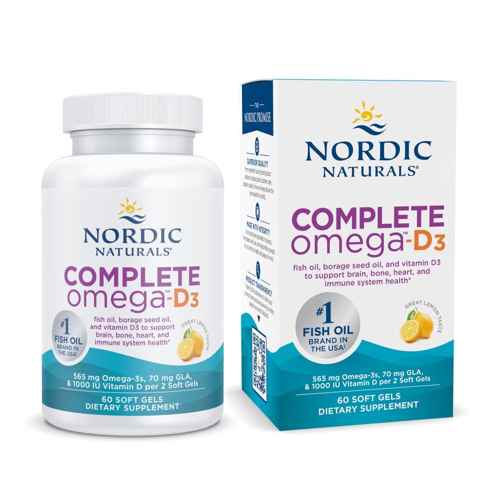 Nordic Naturals Complete Omega-D3, Saveur de citron - 60 gels souples - 565 mg Omega-3 + 70 mg GLA + 1000 UI Vitamine D3 - EPA et DHA - Peau saine, cognition et humeur positive - Non-OGM - 30 portions