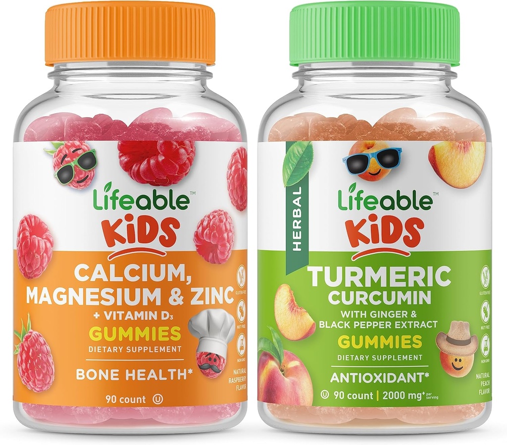 Levensvatbare Calcium Magnesium & Zink Kids + Kurkuma Curcumin Kids, Gummies Bundle - Grote Proeverij, Vitamine Supplement, Glutenvrij, GGO-vrij, Kauwgom