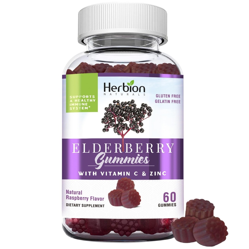 HERBION Gommies de baies aînées avec vitamine C et zinc - Healthy Immune System Support - sans gluten et sans gélatine - 60 Gommies pour adultes et enfants de 4 ans et plus - Fabriqué aux États-Unis, 60 Compte (paquet de 1)