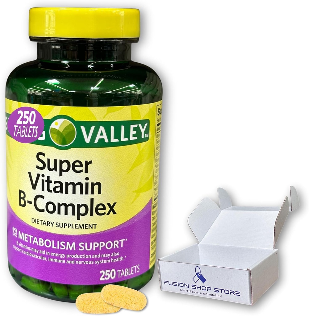 Super Vitamine B Complex Spring Valley- Tabletten 250 Tel B6 B12 C thiamine biotin folaat pantotheenzuur en riboflavine, in doos met Fusion Shop Store