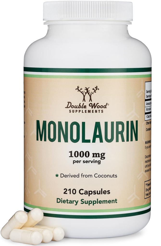 Monolaurin Immune Supplément de soutien 1000mg par portion, 210 Capsules (Vegan Safe, non-OGM, sans gluten) Immune Booster pour adultes, Système immunitaire Défense par Double Wood