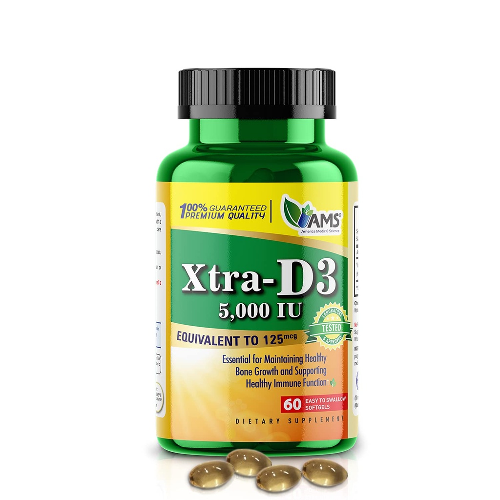 America Medic & Science Xtra D3 Vitamine D 5.000 IE (125 mcg) Cholecalciferol Supplement for Men & Women (60 Easy to Swallow Softgels) Best for Bot, Heart Health, Immuun System Support, Long Function