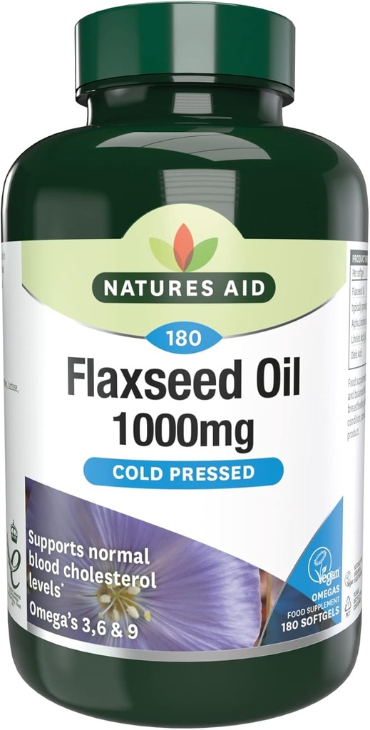 Natures Aid Flaxseed Oil 1000mg Cold Pressed (Omega 3, 6 + 9) 180 caps. Suitable for Vegetarians.