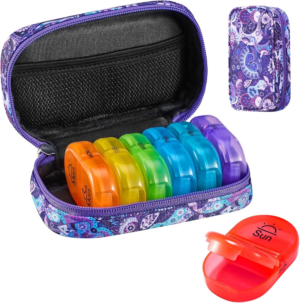 Serfeymi Weekly Travel Pill Organizer 2 keer Een dag AM PM Geupgraded Regenboog Pill Box 7 dag met Portable Zipper Canvas Pill Case, Medicine Organizer voor Pillen, Vitaminen, Visolie - Paars 01