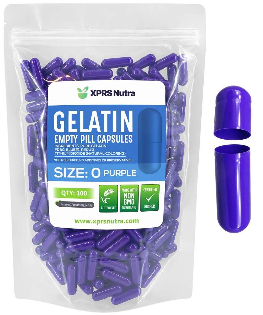 XPRS Nutra Size 0 Empty Capsules - 100 Count Empty Gelatin Capsules - Pills DIY Capsule Filling - Pure Bovine Pill Gel Caps for Do-It-Yourself Supplements (Purple)