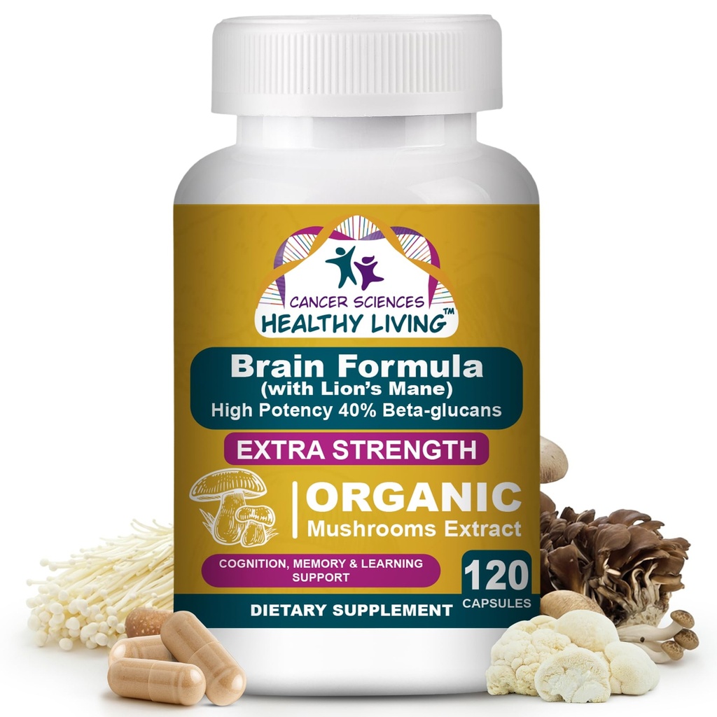 Cancer Sciences Brain Supplements for Memory and Focus - 1.500mg Brain Health Mushroom Supplement for Adults & Seniors - High Potency 40% Beta-Glucans for Immune Support & Vitamines, 120 Capsules