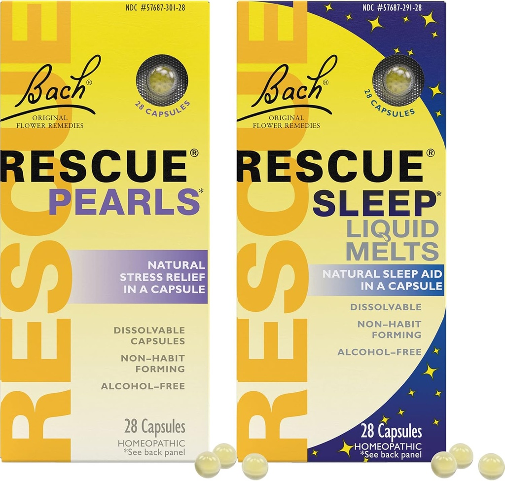Stress & Sleep Bundle, Bach RESCUE Pearls, Natural Stress Relief [et] RESCUE Sleep Melts liquides, aide naturelle au sommeil - 2-Pk, homéopathique Fleur Essence