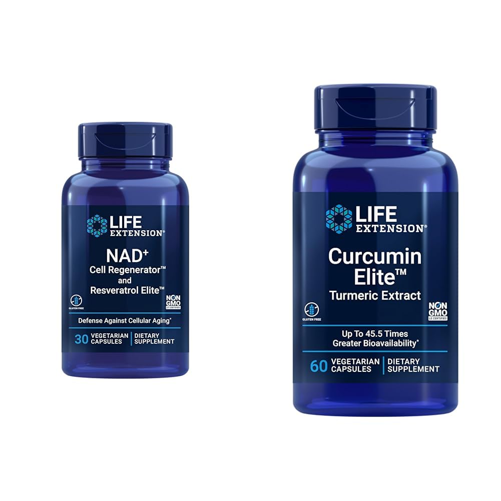 Levensverlenging NAD+ Cell Regenerator en Resveratrol Elite, NIAGEN nicotinamide riboside & Curcumine Elite Turmeric Extract, bevordert een gezonde ontstekingsreactie