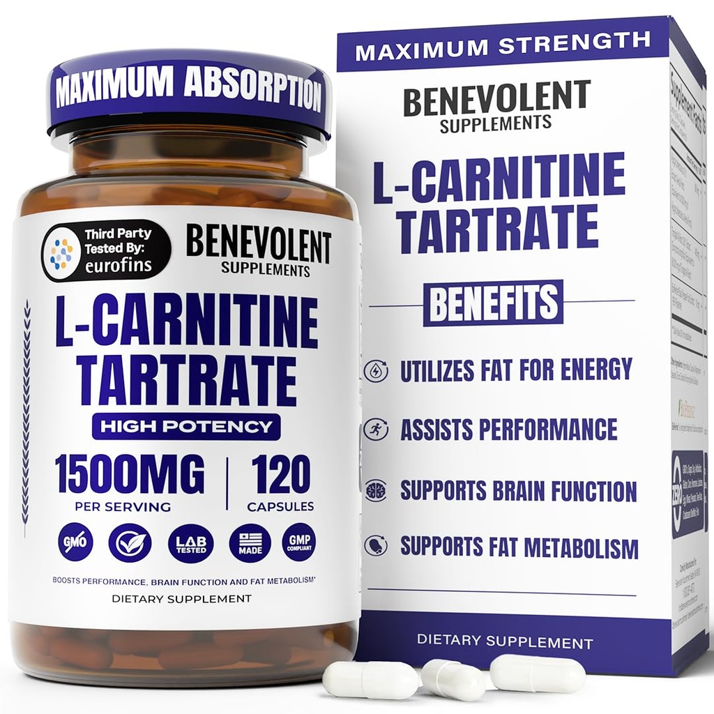 Benevolent L Carnitine Supplement - High Potency 1500mg L-Carnitine Tartraat - Fast Absorbing, Convert Fat to Energy, Support Lean Muscle, Boost Workout Performance & Metabolisme 120 Vegan Capsules
