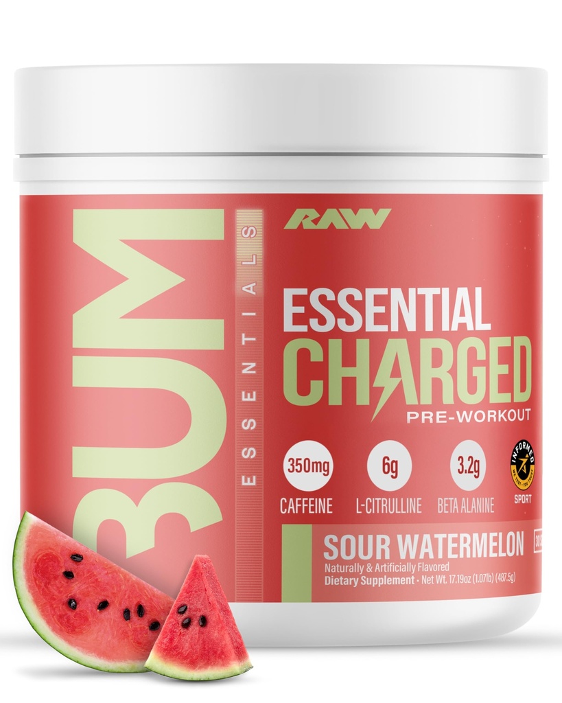 RAW Pre-Workout Powder, Essential CHARGED (Sour Watermeloen) - Preworkout Supplement voor mannen en vrouwen - Supports Focus, Mood & Performance - Cafeïne, Alpha-GPC, L-Citrulline, Beta Alanine (25 Servers)