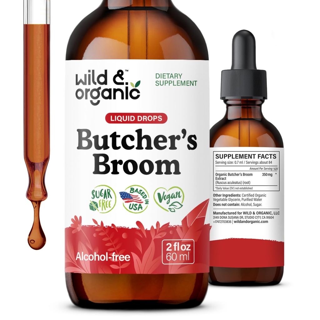 Bouchers sauvages et biologiques gouttes de racine de balai - Supplément liquide pour le soutien des jambes - Teinture de balai sans alcool de boucher - Ruscus Aculeatus Herb - végétalien, non-OGM, pas de sucre - 2 fl oz