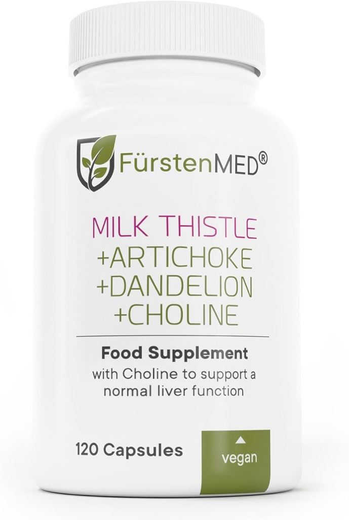 FürstenMED Melkdistel met Artichoke Extract, Dandelion Root & Choline - Normale levergezondheidssupplement - Hoog gedoseerd met 80% Silymarin - Vegan Lever Ondersteuning - 120 Non-GMO Capsule