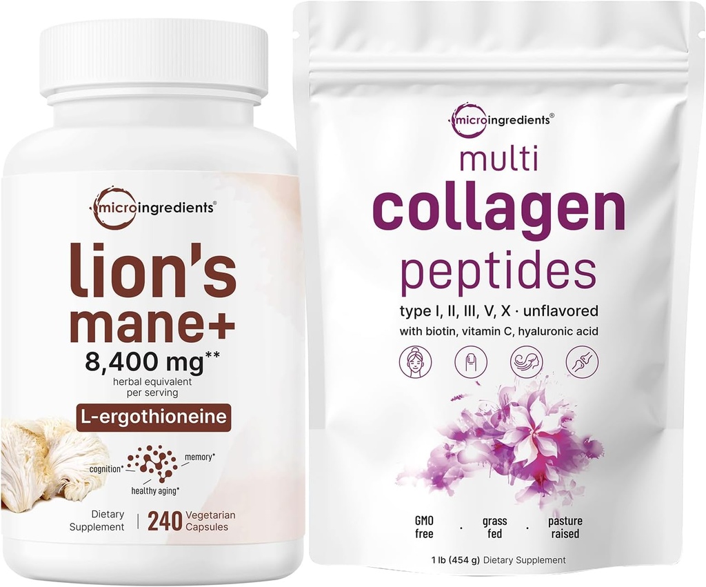 Micro Ingredients Multi Collagen Protein Powder 16oz & Lions Mane Supplement 240 Veggie Capsules Bundle 2 Pack | Grass-Fed Collagen Peptides | Superfood Mushroom Antioxidants with L-Ergothioneine