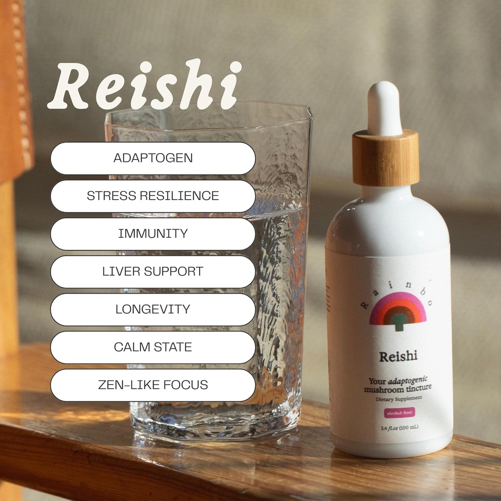 Rainbo - Reishi Mushroom Tinctuur - Alcoholvrij - Dual Extract Mushroom Supplement - Immune Support, Mood, Slaap, Liquid Reishi Supplement, Vegan, Niet GGO, 3.4 floz