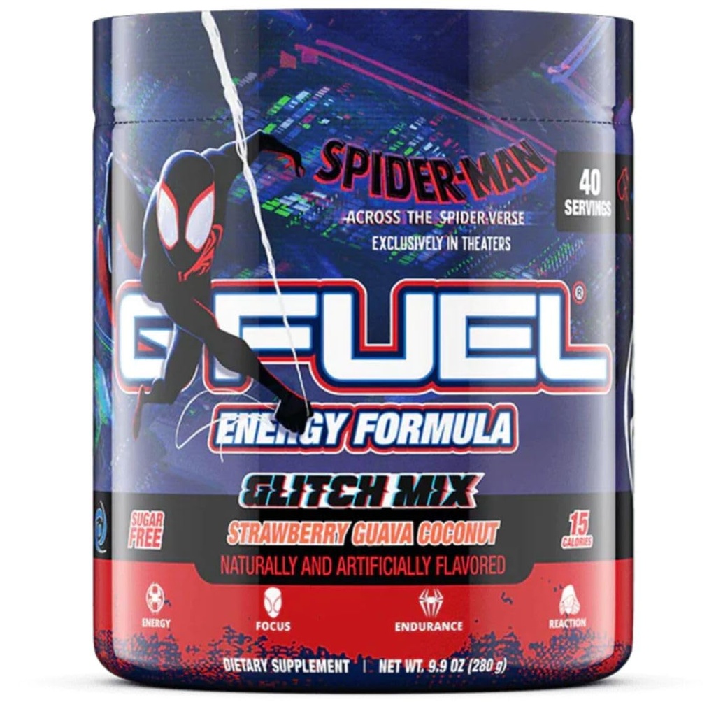G Combustible à travers la poudre de boisson énergétique Spider-Verse, mélange de caféine pré-entraînement pour le jeu, Amino focus, Vitamine + Antioxydants, 9,9 oz (Cocahuète de Guava Strawberry, 40 portions)