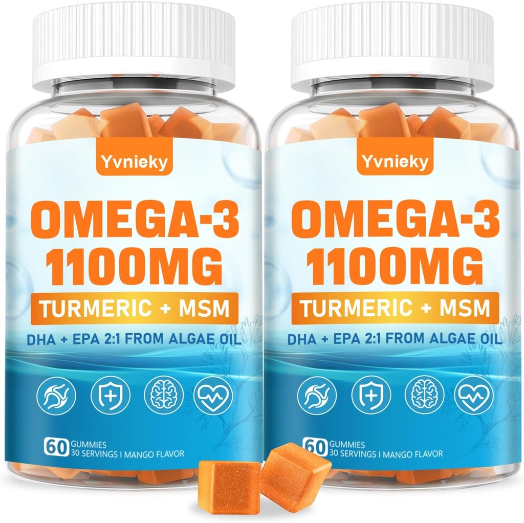 Vegan Omega 3 Supplement Gummies 1100m voor volwassenen - DHA 680mg & EPA 340mg met Kurkuma, MSM, Vitamine C, E, D3, Zink - Algen Visolie Alternatief
