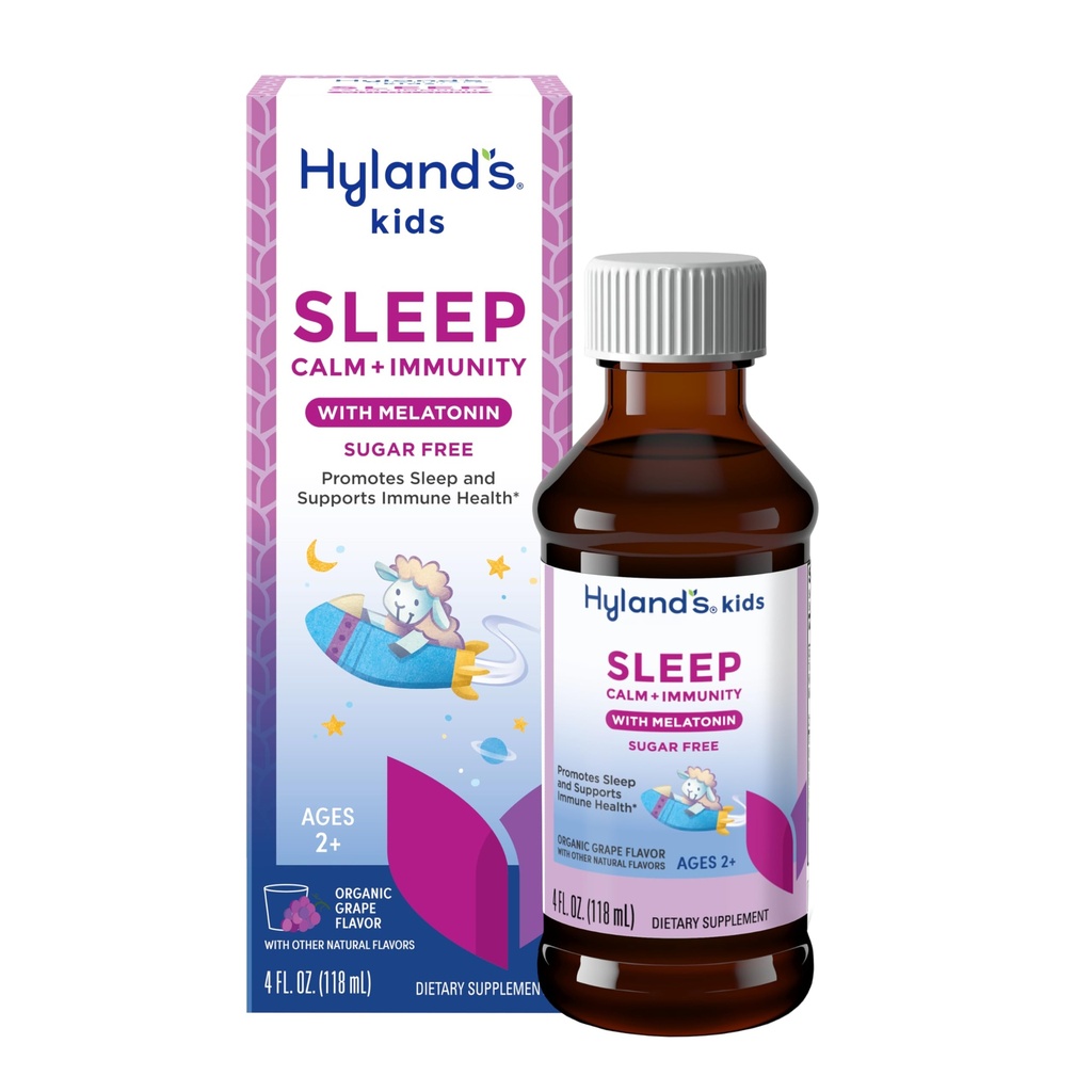 Hyland's Kids Sleep Calm & Immunity with Melatonin, Sugar-Free Sleep Aid Liquid with Magnesium, Vitamin D, Zinc & Elderberry, Promotes Sleep & Supports Immune Health, Ages 2+, Grape Flavor, 4 Fl. Oz.
