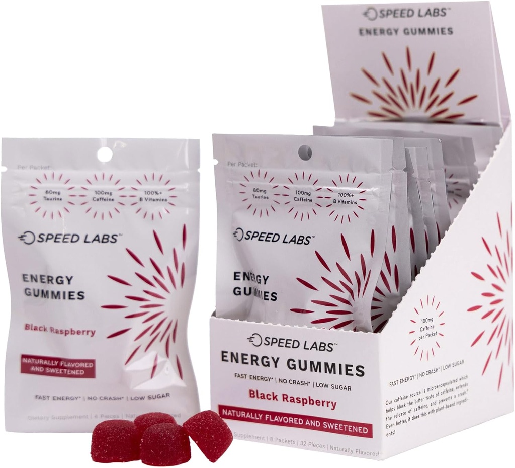 Speed Labs Cafeïne Energie Gummies Black Raspberry Natural, 25mg Cafeïne, Taurine, B-Vitamins per stuk, 32 stuks (8 verpakkingen) Veganistisch, Glutenvrij, 1g Toegevoegd Suiker