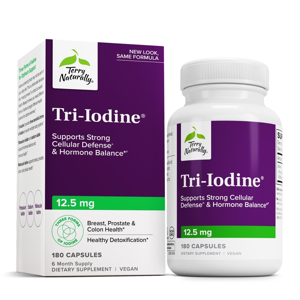 Terry Naturally Tri-Iodine - Ondersteuning Thyroid Health - Aids Hormone Balance with Molecular Iodine from Kelp - Kenmerken Kaliumiodide & Sodium Iodide - Hersenen & Energy Support - 12,5 mg, 180 capsules