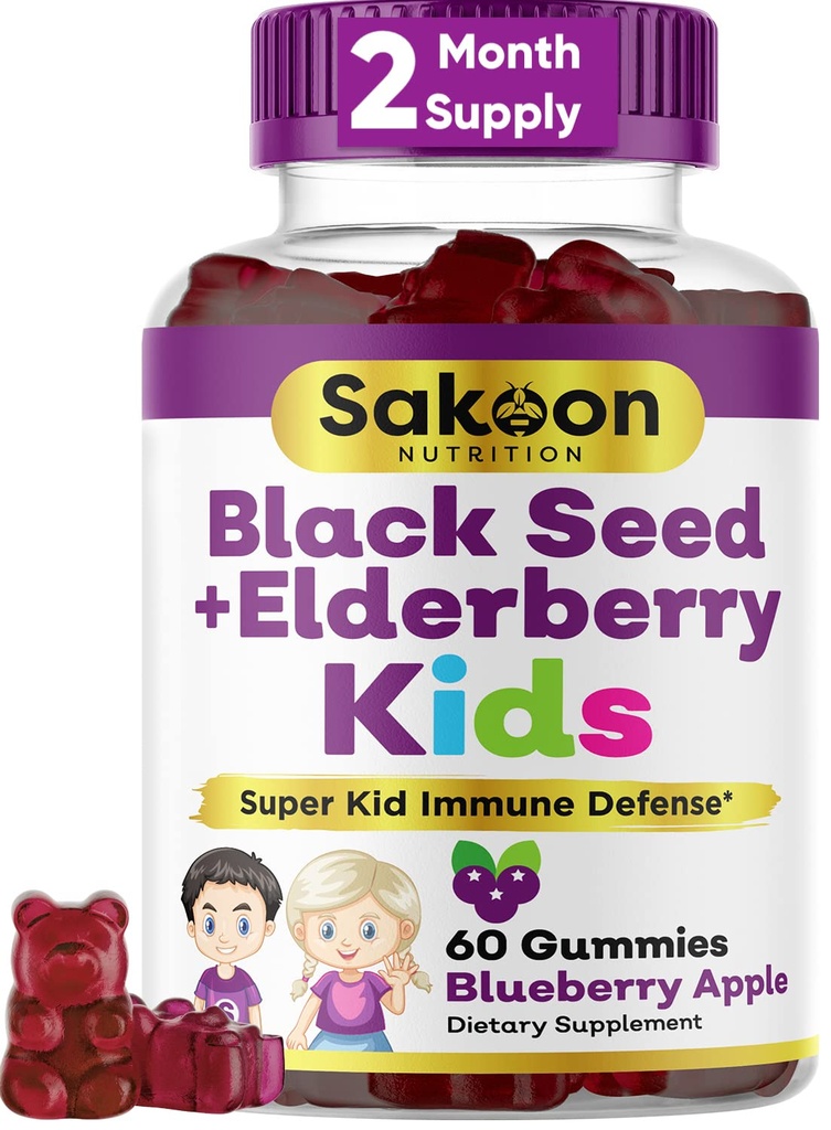 Sakoon voeding Vlierbes & Black Seed Oil Gummy's voor kinderen, Immune Support, met vitamine C en zink, Delicious Berry Flavor, 60 Gummies